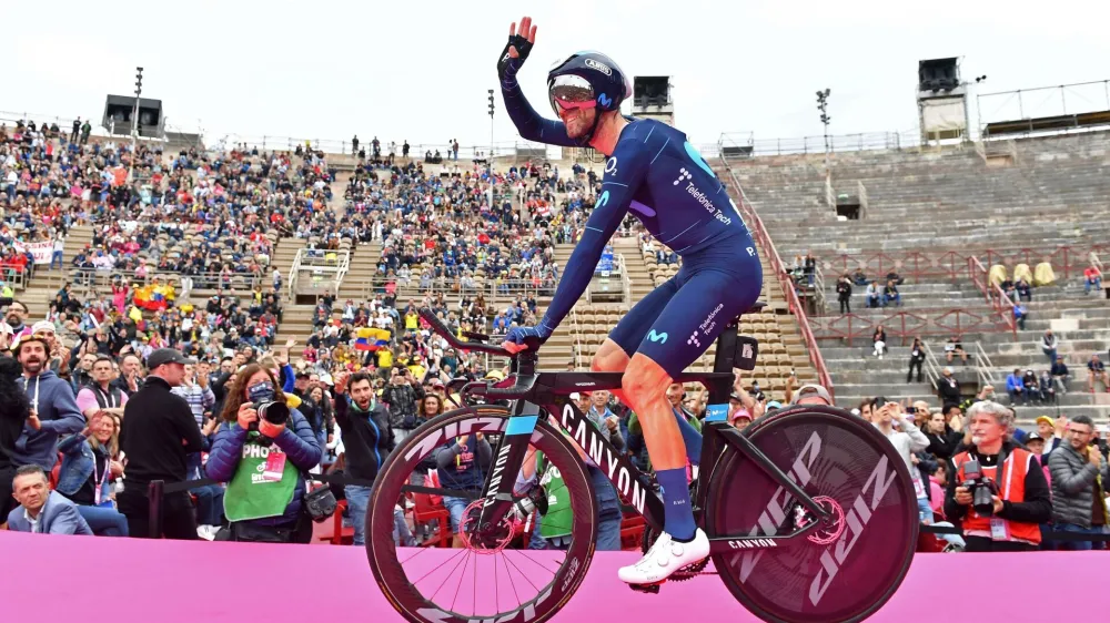 Cycling - Giro d'Italia - Stage 21 - Verona, Italy - May 29, 2022 Movistar Team's Alejandro Valverde reacts after his time trial REUTERS/Jennifer Lorenzini