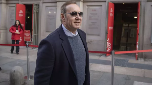 Actor Kevin Spacey leaves the National Museum of Cinema in Turin, Italy, Friday, Jan. 13, 2023. Kevin Spacey is scheduled to teach a class and being given an award at the National Museum of Cinema in Turin next Jan. 16. (Marco Alpozzi/LaPresse via AP)