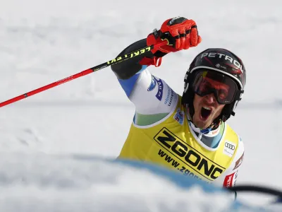 Alpine Skiing - FIS Ski World Cup - Men's Giant Slalom - Alta Badia, Italy - December 19, 2022 Slovenia's Zan Kranjec reacts after his second run REUTERS/Alessandro Garofalo