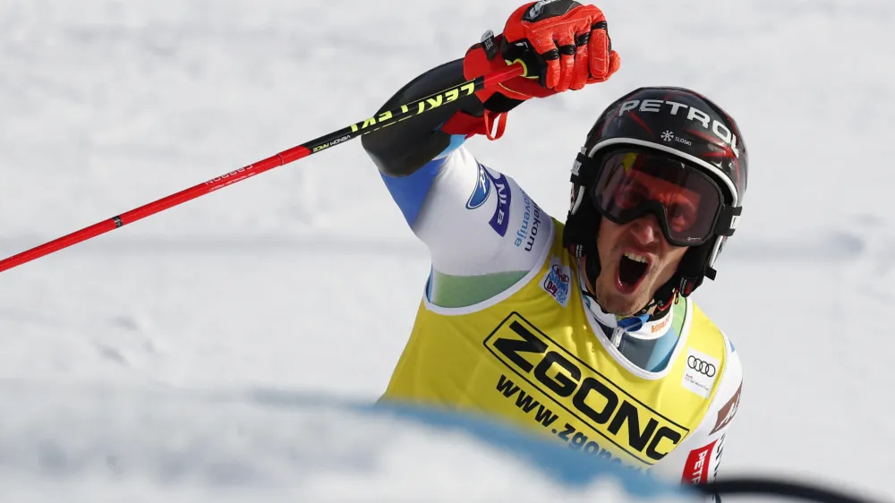 Alpine Skiing - FIS Ski World Cup - Men's Giant Slalom - Alta Badia, Italy - December 19, 2022 Slovenia's Zan Kranjec reacts after his second run REUTERS/Alessandro Garofalo