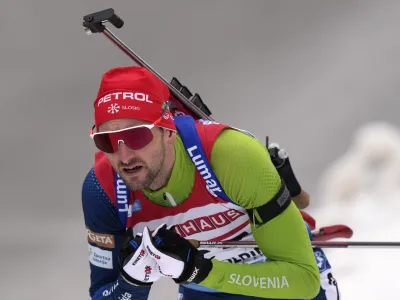 Jakov Fak of Slovenia competes during the men's 20km individual competition at the Biathlon World Cup race in Ruhpolding, Germany, Wednesday, Jan. 11, 2023. (AP Photo/Matthias Schrader)