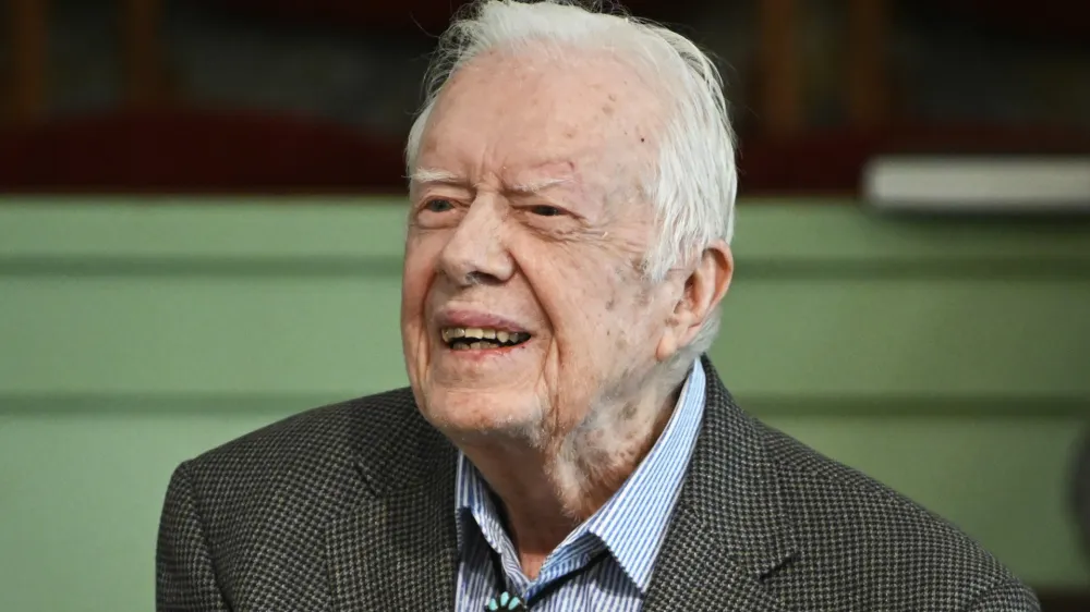 FILE - In this Nov. 3, 2019 file photo, former President Jimmy Carter teaches Sunday school at Maranatha Baptist Church in Plains, Ga. The Carter Center says Carter has entered home hospice care, Saturday, Feb. 18, 2023. The foundation created by the 98-year-old former president says that after a series of short hospital stays, Carter "decided to spend his remaining time at home with his family and receive hospice care instead of additional medical intervention." (AP Photo/John Amis, File)