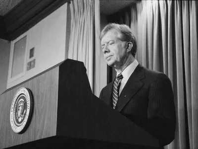 FILE PHOTO: U.S. President Jimmy Carter announces new sanctions against Iran in retaliation for taking U.S. hostages, at the White House, Washington, D.C., U.S., April 7, 1980.  Library of Congress/Marion S. Trikosko/Handout via REUTERS  ATTENTION EDITORS - THIS IMAGE WAS PROVIDED BY A THIRD PARTY./File Photo