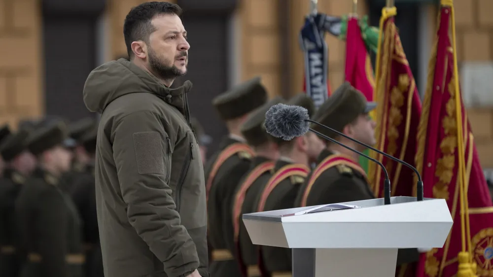 HANDOUT - 24 February 2023, Ukraine, Kiev: Ukrainian President Volodymyr Zelensky speaks during a state event on the first anniversary of the Russian invasion of Ukraine. Photo: -/Ukraine Presidency/dpa - ATTENTION: editorial use only and only if the credit mentioned above is referenced in full