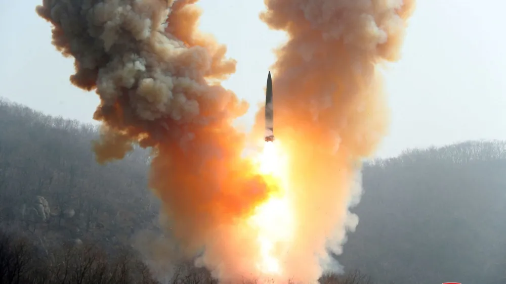 FILE PHOTO: A view shows a missile fired by the North Korean military at an undisclosed location in this image released by North Korea's Central News Agency (KCNA) on March 20, 2023. KCNA via REUTERS  ATTENTION EDITORS - THIS IMAGE WAS PROVIDED BY A THIRD PARTY. REUTERS IS UNABLE TO INDEPENDENTLY VERIFY THIS IMAGE. NO THIRD PARTY SALES. SOUTH KOREA OUT. NO COMMERCIAL OR EDITORIAL SALES IN SOUTH KOREA.   TPX IMAGES OF THE DAY/File Photo