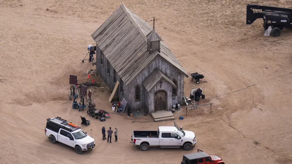 FILE - This aerial photo shows the movie set of "Rust" at Bonanza Creek Ranch in Santa Fe, N.M., on Saturday, Oct. 23, 2021. A judge is scheduled to resolve a weapons-related charge against a codefendant in the case against Alec Baldwin in the fatal shooting of a cinematographer during a 2021 movie rehearsal. Prosecutors have proposed plea agreement with safety coordinator and assistant director David Halls regarding his involvement in the western movie "Rust" and the death of cinematographer Halyna Hutchins. (AP Photo/Jae C. Hong, File)