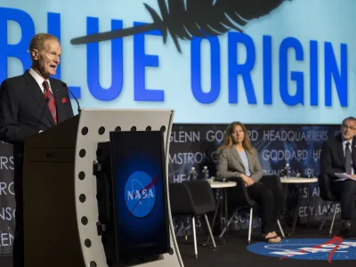 NASA Administrator Bill Nelson announces Blue Origin as the company selected to develop a sustainable human landing system for the Artemis V Moon mission, Friday, May 19, 2023 at the Mary W. Jackson NASA Headquarters building in Washington. (Aubrey Gemignani/NASA via AP)