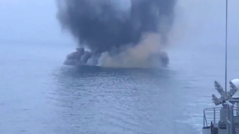 A still image from video, released by Russia's Defence Ministry, shows what it said to be the exploding Ukrainian uncrewed speedboat that attacked the Russian warship Ivan Khurs in the Black Sea near the Bosphorus strait, in this image taken from handout footage released May 24, 2023. Russian Defence Ministry/Handout via REUTERS ATTENTION EDITORS - THIS IMAGE WAS PROVIDED BY A THIRD PARTY. NO RESALES. NO ARCHIVES. MANDATORY CREDIT.