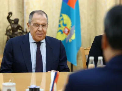 Russian Foreign Minister Sergei Lavrov attends a meeting with Chinese Special Envoy for Eurasian Affairs Li Hui in Moscow, Russia, May 26, 2023. Russian Foreign Ministry/Handout via REUTERS ATTENTION EDITORS - THIS IMAGE WAS PROVIDED BY A THIRD PARTY. NO RESALES. NO ARCHIVES. MANDATORY CREDIT.