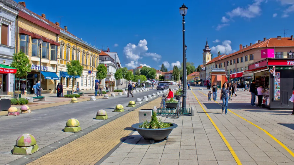 DARUVAR, CROATIA - MAY 03, 2011: Unidentified people on main city square. Daruvar is the main political and cultural centre of the Czech national minority in Croatia.