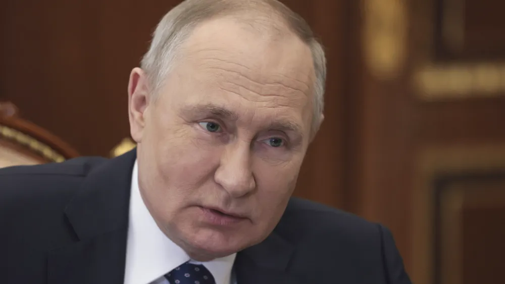 Russian President Vladimir Putin speaks during a meeting with Stavropol Region governor Vladimir Vladimirov in Moscow, Russia, Thursday, July 6, 2023. (Alexander Kazakov, Sputnik, Kremlin Pool Photo via AP)