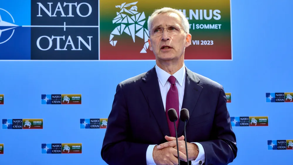 HANDOUT - 11 July 2023, Lithuania, Vilnius: NATO Secretary General Jens Stoltenberg speaks to the media ahead of the 2023 NATO Summit in Vilnius. Photo: -/NATO/dpa - ATTENTION: editorial use only and only if the credit mentioned above is referenced in full