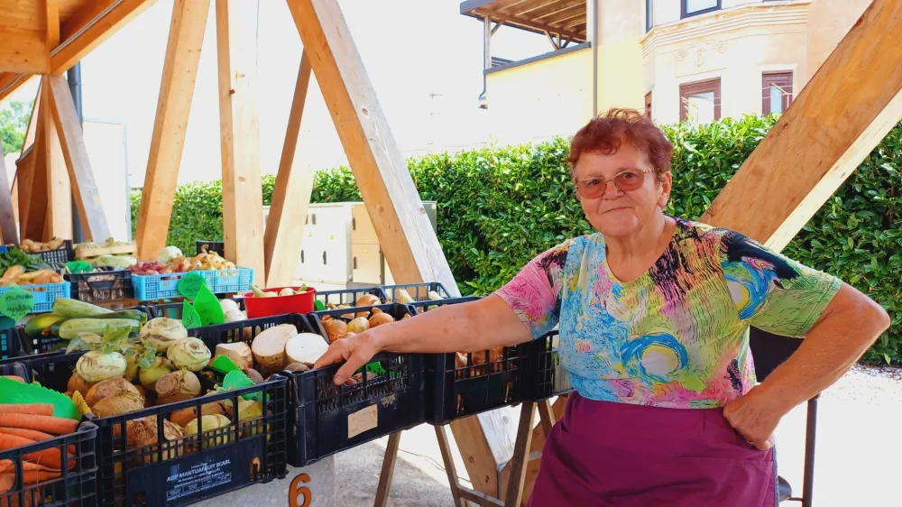 Prodajna miza Marije Koželj je polna domače zelenjave in jabolk. Letos na njeni njivi najbolje uspevajo kumare, bučke in fižol, na tržnici pa ponuja tudi različne sorte krompirja, korenje, kolerabo, čebulo in ohrovt.