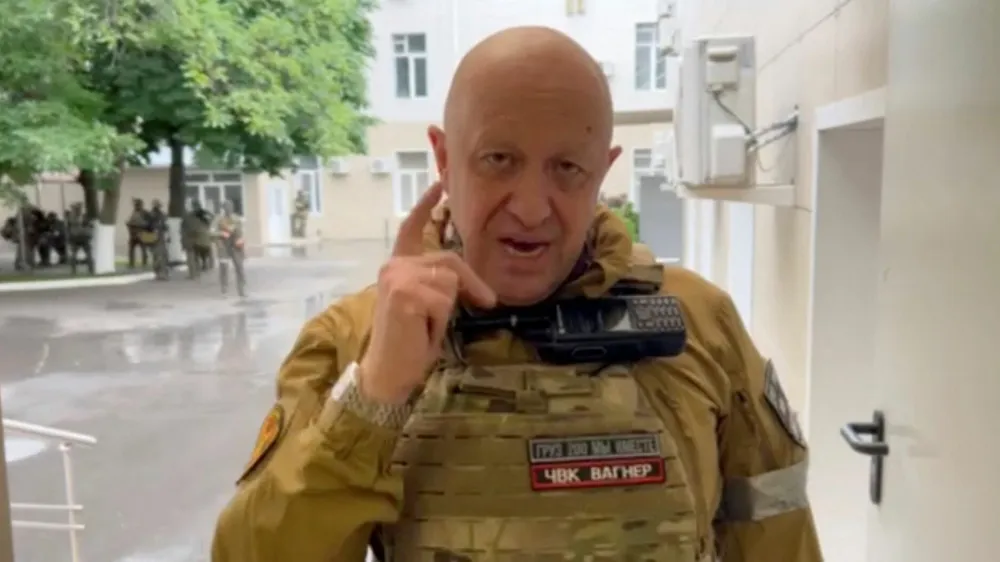 Founder of Wagner private mercenary group Yevgeny Prigozhin speaks inside the headquarters of the Russian southern army military command center, which is taken under control of Wagner PMC, according to him, in the city of Rostov-on-Don, Russia in this still image taken from a video released June 24, 2023. Press service of "Concord"/Handout via REUTERS ATTENTION EDITORS - THIS IMAGE WAS PROVIDED BY A THIRD PARTY. NO RESALES. NO ARCHIVES. MANDATORY CREDIT.