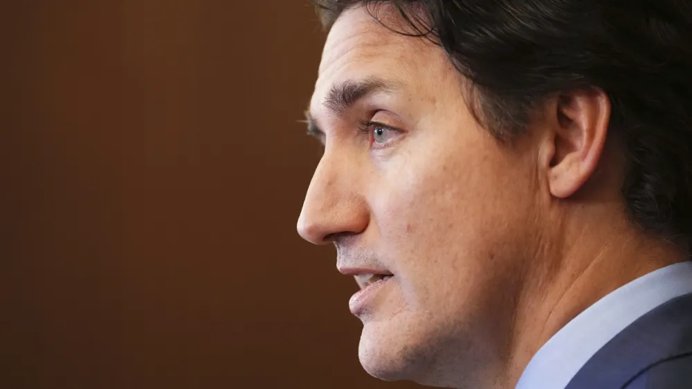 Canadian Prime Minister Justin Trudeau apologizes for the events surrounding Ukraine President Volodomyr Zelenskyy's visit at a media availability in Ottawa, Ontario, on Wednesday, Sept. 27, 2023. Trudeau apologized Wednesday for Parliament's recognition of Yaroslav Hunka, who fought alongside the Nazis during last week's address by Zelenskyy. (Sean Kilpatrick/The Canadian Press via AP)