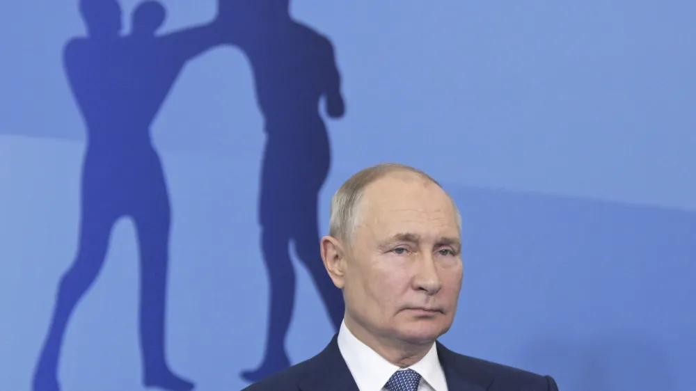 Russian President Vladimir Putin speaks after a plenary session of the Russia - Country of Sports International Sports Forum in Perm, Russia, Thursday, Oct. 19, 2023. (Alexei Nikolsky, Sputnik, Kremlin Pool Photo via AP)