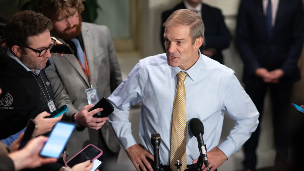 20 October 2023, US, Washington: US Representative Jim Jordan (R) speaks to reporters after being dropped by the Republicans as a nominee for the Speaker of The House at the US Capitol in Washington. Photo: Branden Camp/ZUMA Press Wire/dpa