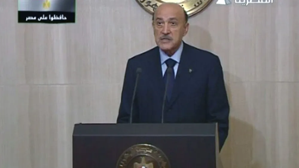 In this image taken from Egypt State TV,  Omar Suleiman, Egypt's newly appointed vice president, says President Hosni Mubarak has asked him to immediately begin dialogue with "political forces" for constitutional and legislative reforms, Monday Jan. 31, 2011.  (AP Photo / Egypt State TV. via APTN)  MANDATORY CREDIT EGYPT OUT TV OUT