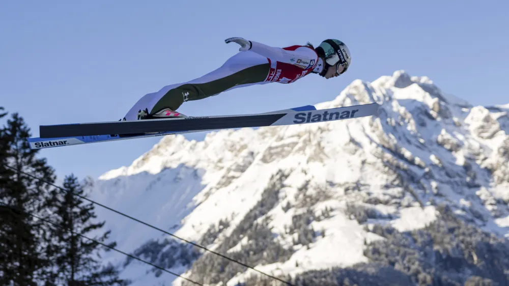 Nika Prevc of Slovenia competes during the women's FIS Ski Jumping World Cup competition at the Gross-Titlis Schanze in Engelberg, Switzerland, on Saturday, Dec. 16, 2023. (Philipp Schmidli/Keystone via AP)