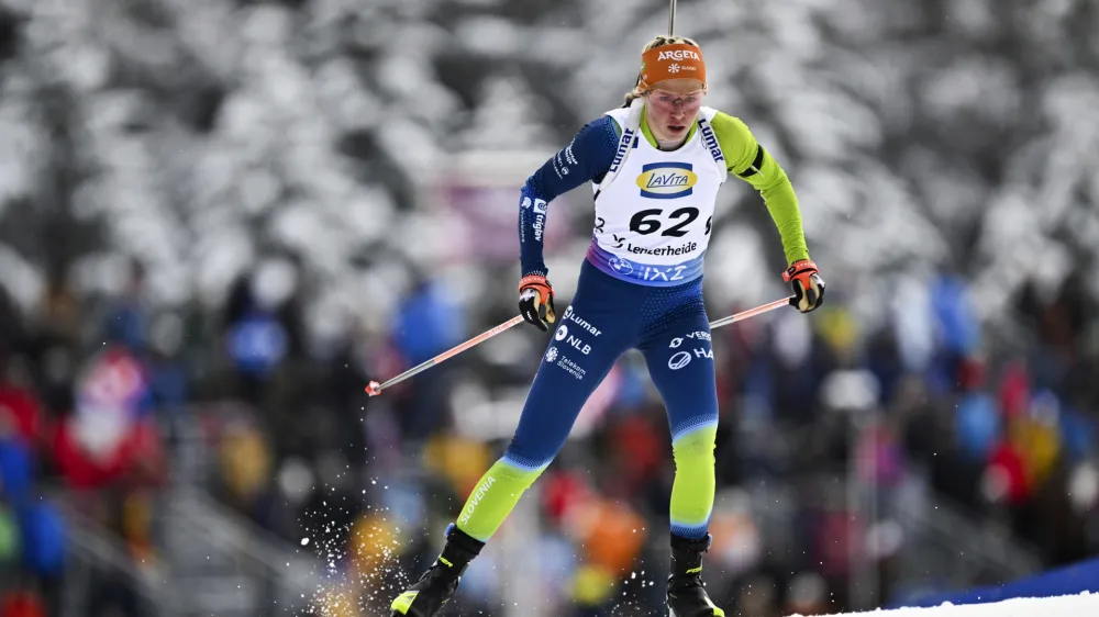 Slovenia's Anamarija Lampic competes in a women's 7.5 km sprint race, at the IBU Biathlon World Cup, in Lenzerheide, Switzerland, Thursday, Dec. 14, 2023. (Gian Ehrenzeller/Keystone via AP)