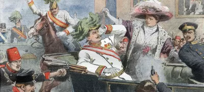 Assassinat de l'archiduc heritier d'Autriche Francois-Ferdinand (Franz Ferdinand ou Francois Ferdinand) et de la duchesse sa femme à Sarajevo - in "la Domenica del Corriere" du 12/07/1914.Assassination of Franz Ferdinand, 1863-1914 Archduke of Austria, and his wife Sophie, in Sarajevo, Bosnia, 28 June 1914,©Bianchetti/Leemage / Foto: Wikipedia