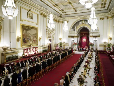 A general view of the State Banquet at Buckingham Palace, in London, Tuesday, Dec. 3, 2024, during Emir of Qatar Sheikh Tamim bin Hamad Al Thani's state visit to the U.K. (Jordan Pettitt/Pool Photo via AP)