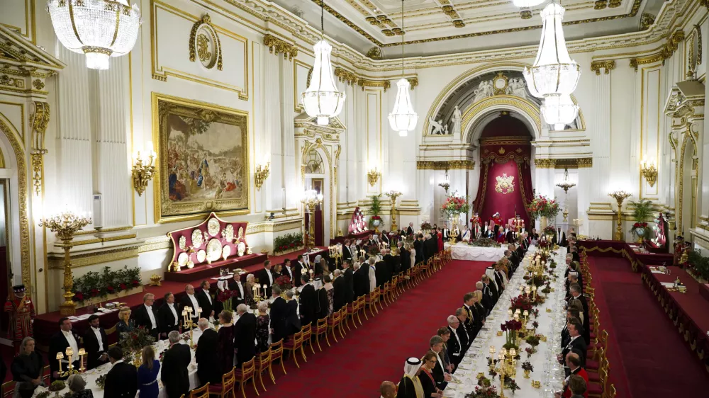 A general view of the State Banquet at Buckingham Palace, in London, Tuesday, Dec. 3, 2024, during Emir of Qatar Sheikh Tamim bin Hamad Al Thani's state visit to the U.K. (Jordan Pettitt/Pool Photo via AP)