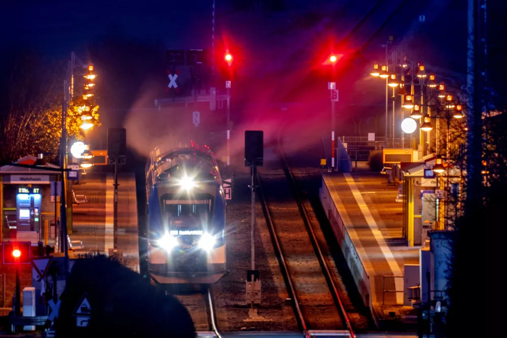 A hydrogen train stops in the station of Wehrheim near Frankfurt, Germany, Thursday, Dec. 5, 2024. (AP Photo/Michael Probst)