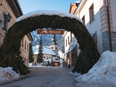 Slovenia, Kranjska Gora - 9 February 2023: Town centre of Kranjska Gora in winter.