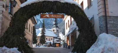 Slovenia, Kranjska Gora - 9 February 2023: Town centre of Kranjska Gora in winter.