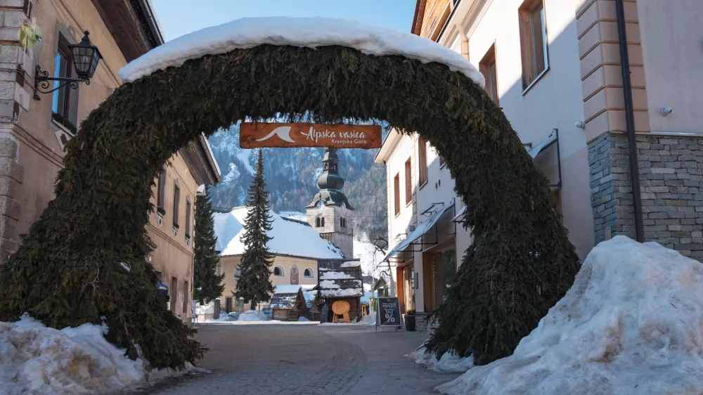 Slovenia, Kranjska Gora - 9 February 2023: Town centre of Kranjska Gora in winter.