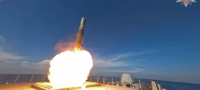 In this photo taken from video released by Russian Defense Ministry Press Service on Tuesday, Dec. 3, 2024, a Russian navy frigate launches a Zircon hypersonic cruise missile during drills in the Mediterranean Sea. (Russian Defense Ministry Press Service photo via AP)