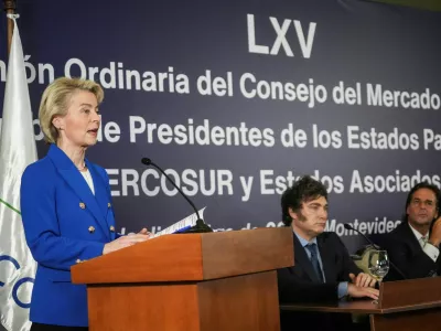 European Commission President Ursula von der Leyen speaks during a press conference as Argentina's President Javier Milei and Uruguay's President Luis Lacalle Pou look on, at the Mercosur Summit in Montevideo, Uruguay December 6, 2024. REUTERS/Mariana Greif