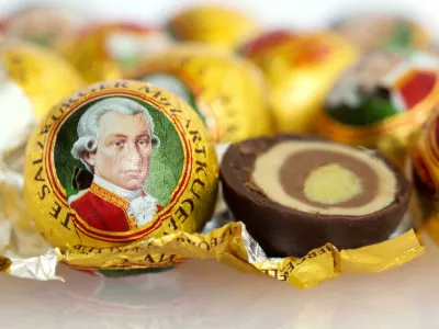 2J55M88 Vienna, Austria - August 22, 2015: the Mozartkugel, a sweet confection made of chocolate and marzipan, is a culinary specialty of Salzburg named after