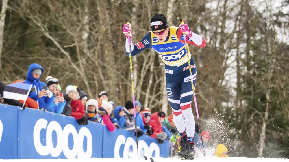 ﻿Johannes Hoesflot Klaebo of Norway competes at a qualification before the Men's Sprint C Final of the FIS Cross Country World Cup in Otepaa, Estonia, Saturday, Jan. 19, 2019. (AP Photo/Raul Mee)