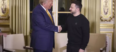 07 December 2024, France, Paris: Ukrainian President Volodymyr Zelensky (R), shakes hands with U.S president-elect Donald Trump (L) before a bilateral meeting at the Elysee Palace. Photo: Ukraine Presidency/Ukrainian Pre/Planet Pix via ZUMA Press Wire/dpa