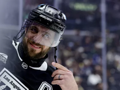 Dec 7, 2024; Los Angeles, California, USA; Los Angeles Kings center Anze Kopitar (11) skates against the Minnesota Wild at Crypto.com Arena. Mandatory Credit: Ryan Sun-Imagn Images