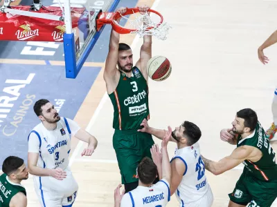 Rok Radović in action during ABA League 2024/2025 basketball match between Cedevita Olimpija and Spartak Office Shoes in Ljubljana, Slovenia on December 8, 2024