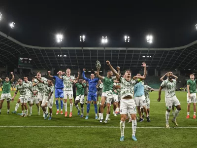 Slavje po uvrstitvi Ratnik Marcel29.08.2024 NK Olimpija: FK Rijeka, kvalifikacije za Evropska konferenčna liga Foto: Nik Erik Neubauer