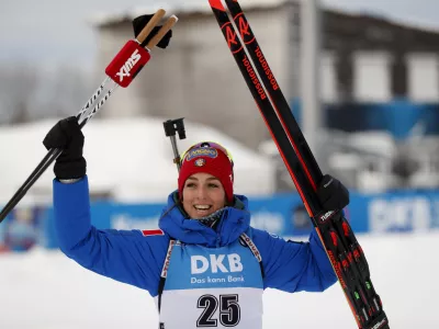 ﻿Italy's Lisa Vittozzi jubilates after taking first place in the women's Biathlon World Cup 7.5 km sprint event in Oberhof, Germany, Thursday, Jan. 10, 2019. (AP Photo/Petr David Josek)