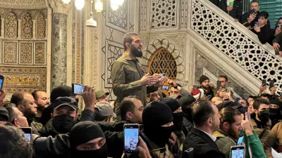 FILE PHOTO: Top rebel commander Abu Mohammed al-Golani speaks to a crowd at Ummayad Mosque in Damascus, after Syrian rebels announced that they have ousted President Bashar al-Assad, Syria December 8, 2024. REUTERS/Mahmoud Hassano/File Photo