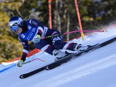 Forerunner Lindsey Vonn, of the United States, skis down the course before the training runs at the women's World Cup downhill race, Thursday, Dec. 12, 2024, in Beaver Creek, Colo. (AP Photo/Robert F. Bukaty)