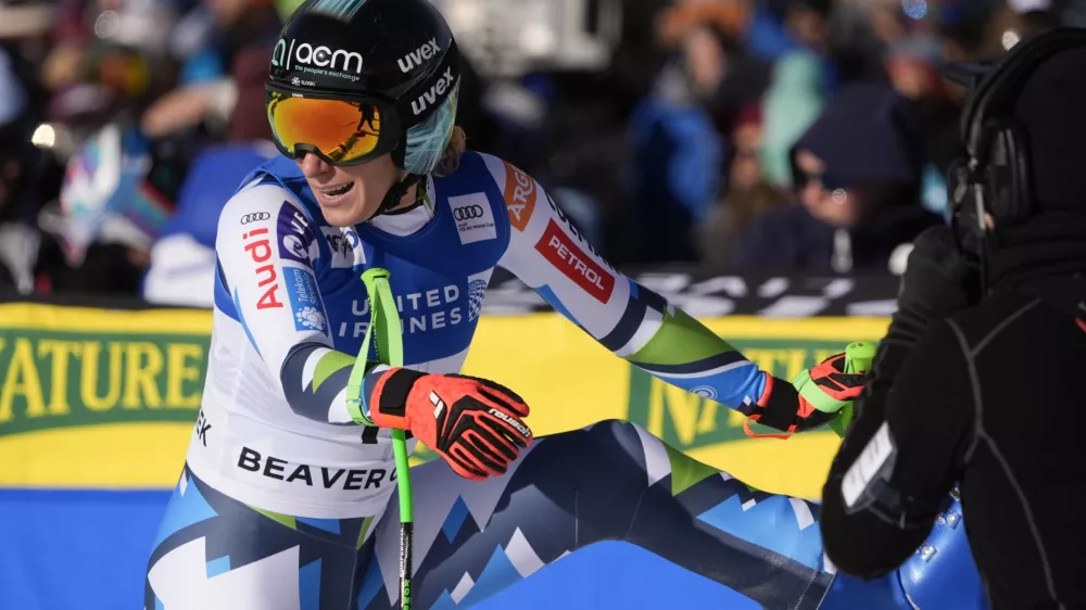 Slovenia's Ilka Stuhec reacts after competing in the women's World Cup downhill skiing race, Saturday, Dec. 14, 2024, in Beaver Creek, Colo. (AP Photo/Robert F. Bukaty)