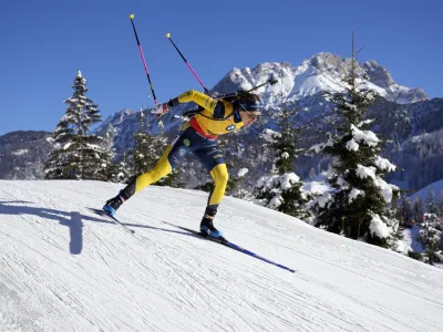 Anamarija Lampic, of Slovenia, competes in the women's 7.5 km sprint competition at the Biathlon World Cup in Hochfilzen, Austria, Friday, Dec. 13, 2024. (AP Photo/Matthias Schrader)