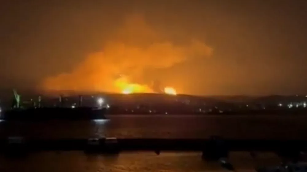 A fire burns following an explosion at a site in Tartus, Syria December 16, 2024 in this screen grab obtained from social media video. Social Media/via REUTERS THIS IMAGE HAS BEEN SUPPLIED BY A THIRD PARTY. NO RESALES. NO ARCHIVES.