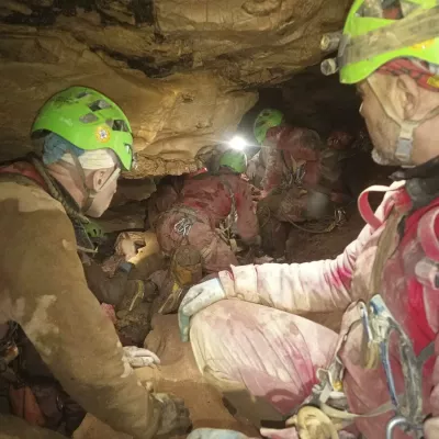 This image released Monday, Dec. 16, 2024 by the Italian Soccorso Alpino (Alpine Rescue) shows the rescue operation of Ottavia Piana, a caver blocked in a deep inside the Bueno Fonteno cave, near Bergamo, Italy, after falling some 5 meters (16 feet) Saturday evening during an expedition. (Soccorso Alpino via AP)