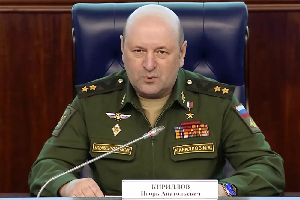 FILE - In this photo taken from video released by the Russian Defense Ministry Press Service on Feb. 28, 2023, Lt. Gen. Igor Kirillov, head of Russia's Nuclear, Biological, and Chemical Defense Forces, speaks at a briefing in Moscow, Russia. (Russian Defense Ministry Press Service via AP, File)