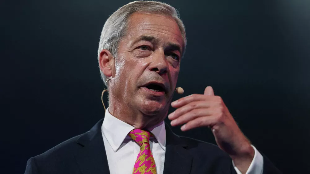 FILE PHOTO: Reform UK party leader Nigel Farage speaks during Britain's Reform UK party's national conference in Birmingham, Britain, September 20, 2024. REUTERS/Hollie Adams/File Photo