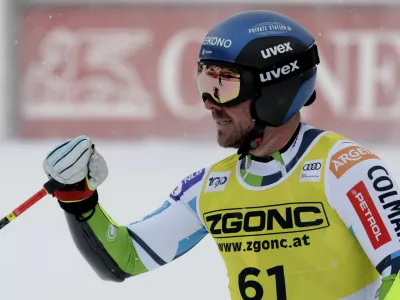 Alpine Skiing - FIS Alpine Ski World Cup - Men's Super G - Val Gardena, Italy - December 20, 2024 Slovenia's Miha Hrobat reacts REUTERS/Leonhard Foeger