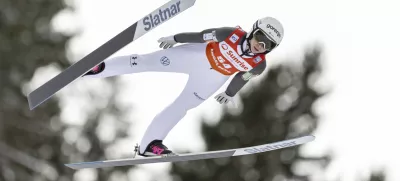 Nika Prevc from Slovenia competes in the women's Ski Jumping World Cup event at the Gross-Titlis Schanze, in Engelberg, Switzerland, Saturday, Dec. 21, 2024. (Philipp Schmidli/Keystone via AP)